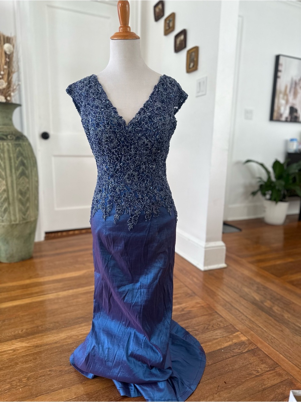 Navy Beaded V-Neck Evening Gown